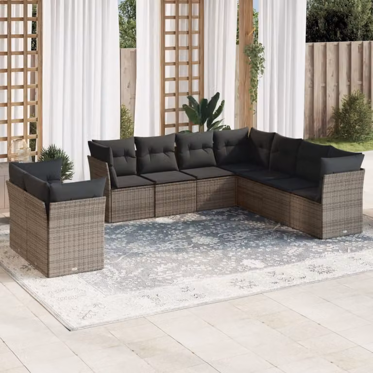 vidaXL Set Divano da Giardino a L 9 pz con Cuscini Grigio in Polyrattan e Struttura in Metallo