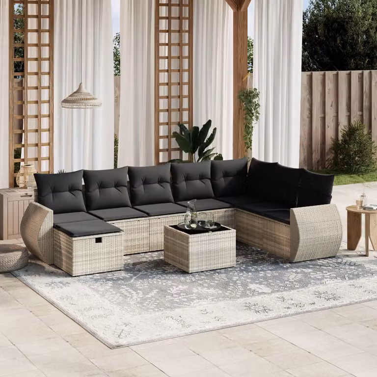 Set Divano da Giardino a L vidaXL 9pz con Cuscini Grigio con Tavolino e Ottoman in Polyrattan e Acciaio