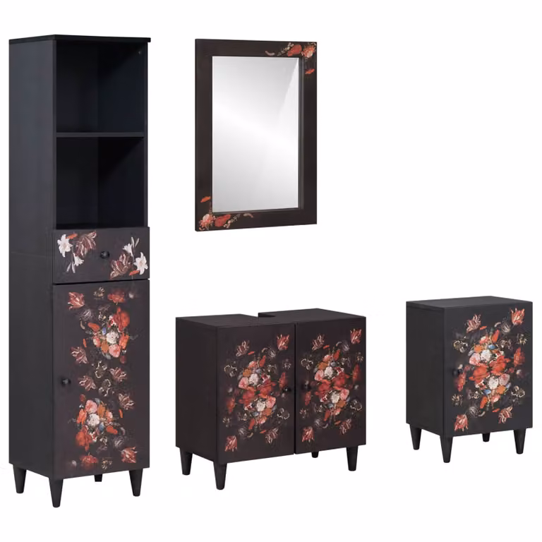 Set di 4 mobili da bagno moderni vidaXL in legno di mango massello, colore marrone e nero, con mobile lavabo, armadietto con specchio e colonna alta
