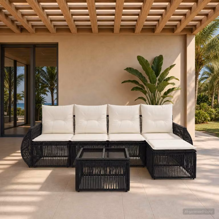 Set Divano da Giardino vidaXL a L composto da 6 pezzi con Polyrattan e Cuscini, Nero e Bianco Crema