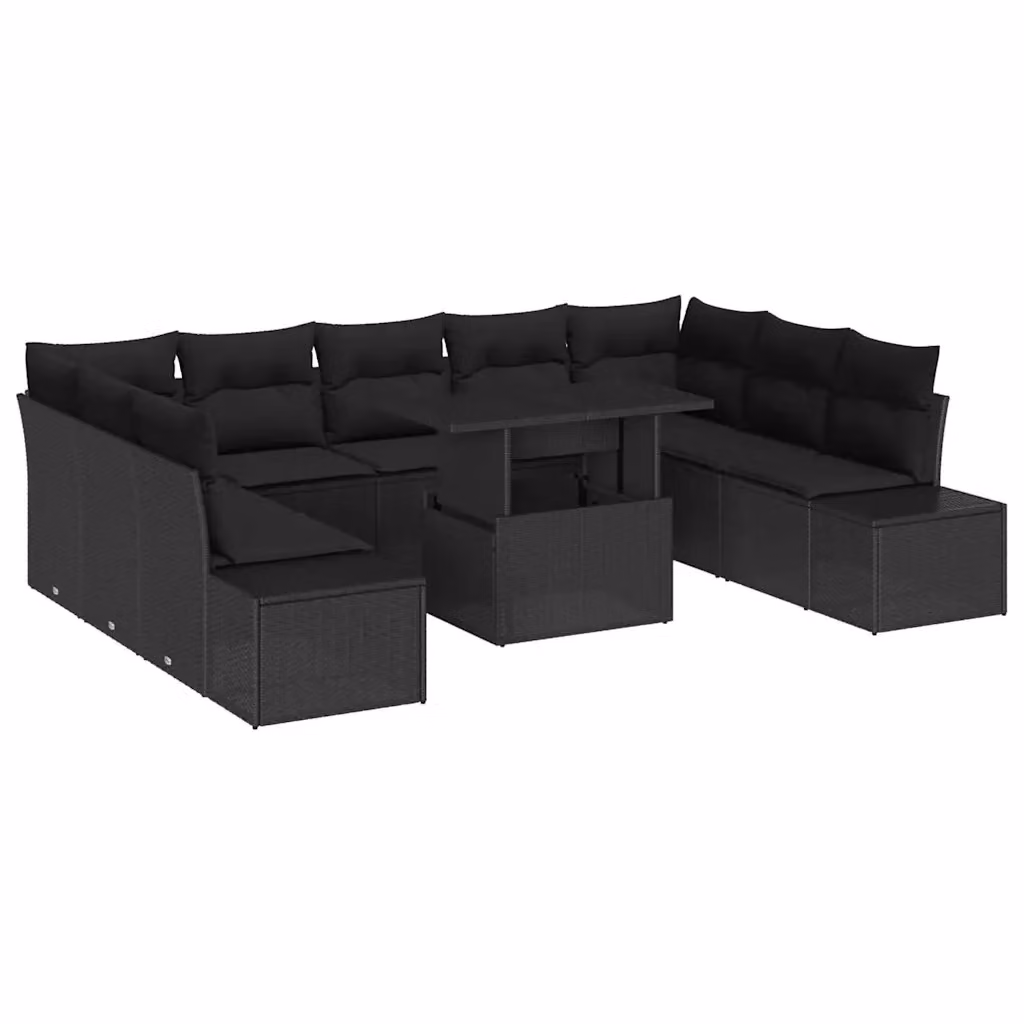 Set Divano da Giardino a Forma di U vidaXL in Polyrattan Nero con Cuscini e Tavolino da Esterno – 2