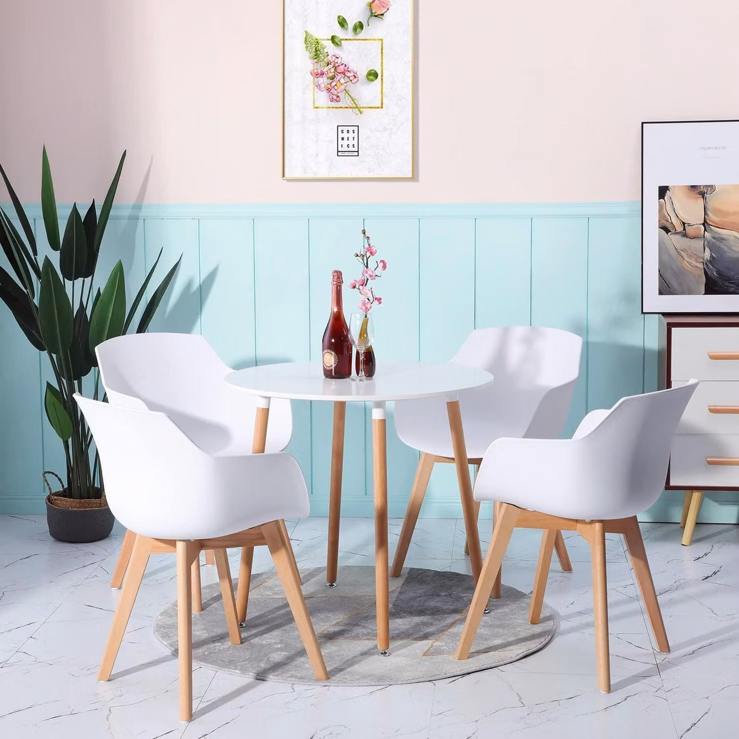 Tavolo da pranzo rotondo retrò bianco con 4 sedie