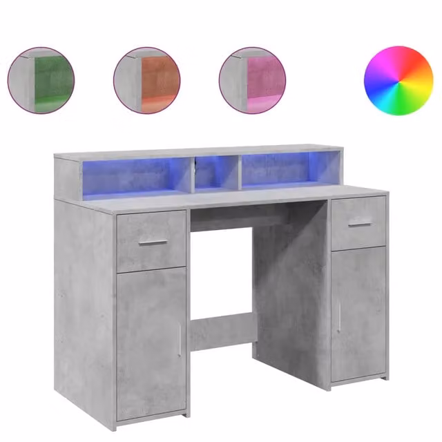Scrivania | Tavolo da Ufficio con Luci LED Grigio Cemento 120x55x91 cm Multistrato