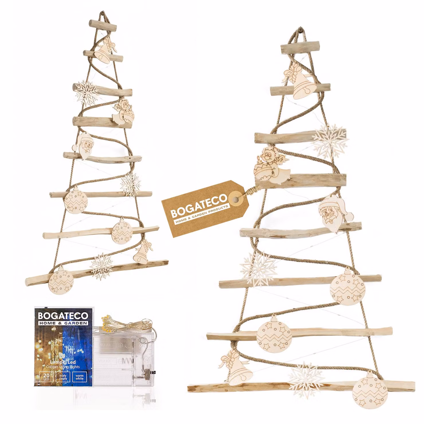 BOGATECO Albero di Natale fatto a mano alto 95 cm con decorazioni, in legno di nocciola | ciondolo decorativo | con 200 cm di luci LED | pannelli di legno collegati con una corda di juta con uno spessore di 6 mm