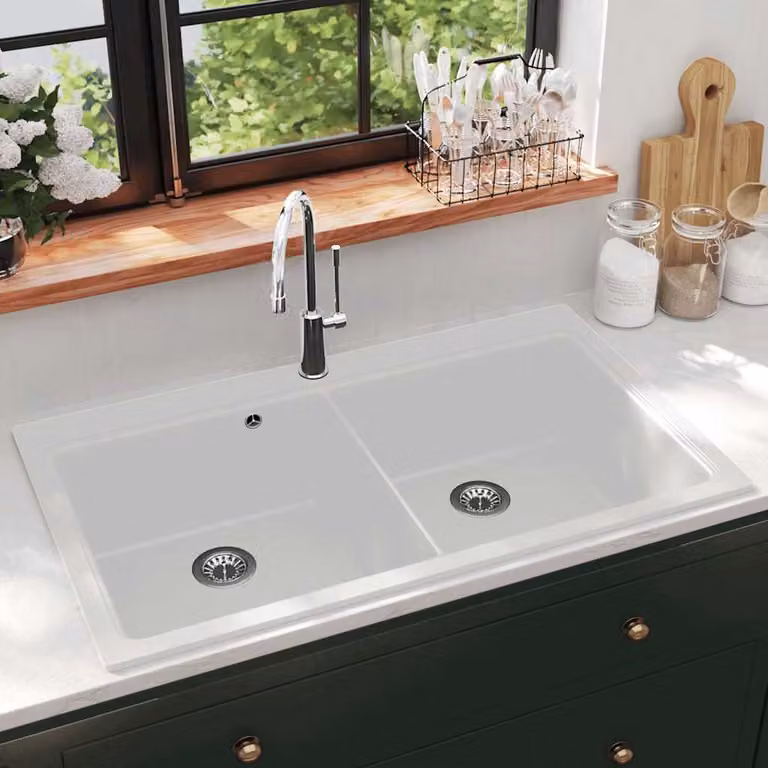Lavandino da cucina doppio con montaggio sopra top vidaXL in granito bianco L: 86 cm, P: 51 cm, H: 20 cm