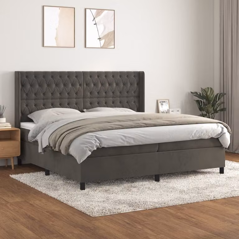 The Living Store Letto a molle con materasso grigio scuro 200x200 cm in velluto
