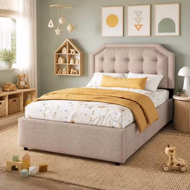 Letto imbottito 90x200 cm con 2 cassetti; testiera regolabile; MDF e lino; beige scuro