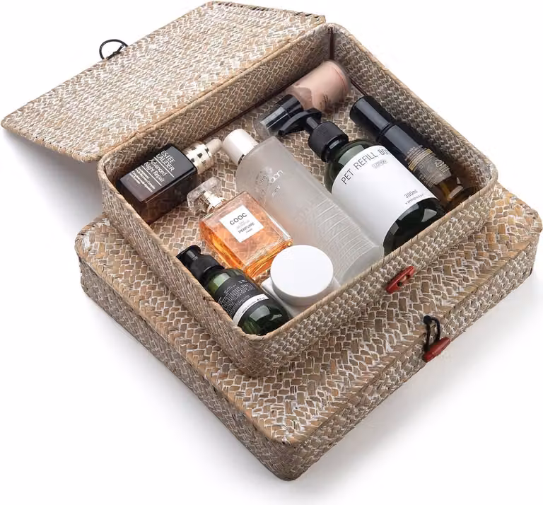 Cestini portaoggetti in seagrass lavato bianco con coperchio organizzazione rettangolare scatola in rattan naturale intrecciata impilabile set 2 (grande-piccolo)