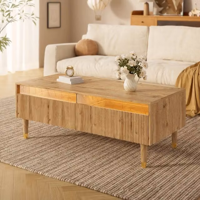 Tavolino da Caff¨¨ con LED e Cassetti ¨C MINIMAL ¨C Gambe Oro, Design Moderno
