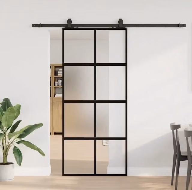 Porta Scorrevole Moderna vidaXL in Vetro Trasparente e Alluminio con Ferramenta Nera L: 90 cm, H: 205 cm