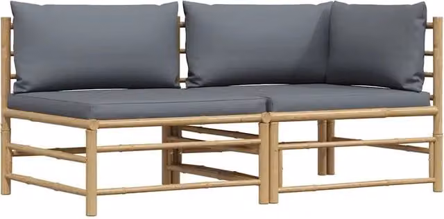 Set Divani da Giardino 2 pz | Set Salotto da Giardino con Cuscini Grigio Scuro in Bamb¨´
