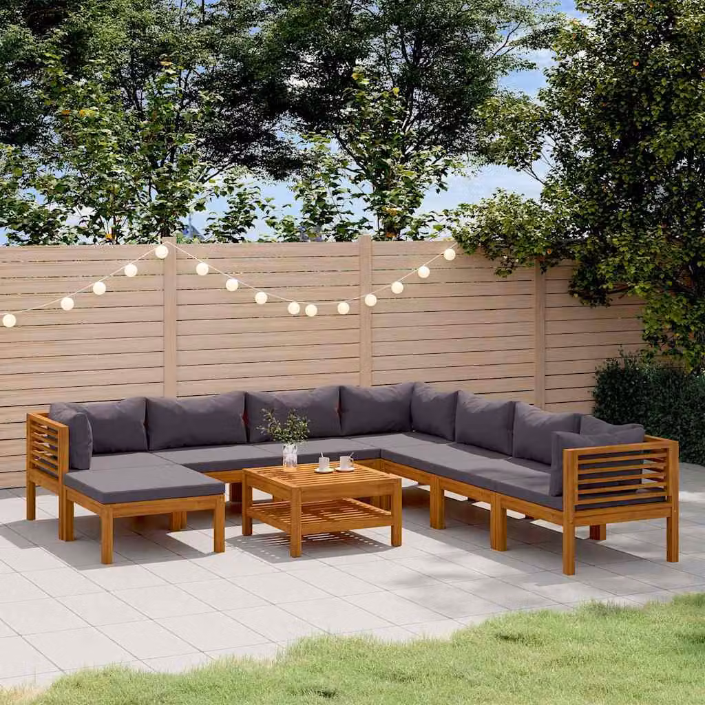 vidaXL Set Divani da Giardino 9 pz a Forma a L in Legno di Acacia con Cuscini Grigi e Tavolino da Esterno