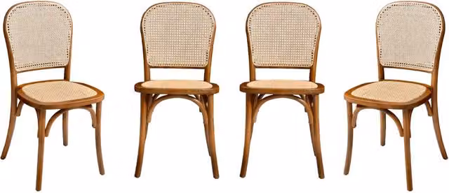 Set 4 sedie in legno e rattan vintage , noce