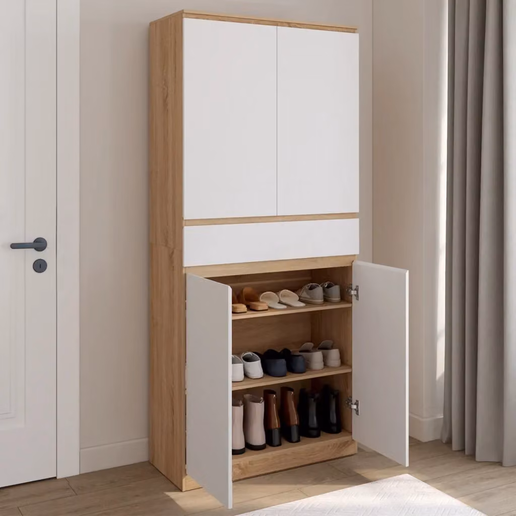 IDMarket Scarpiera TOMI in stile scandinavo con 4 ante e 1 cassetto, finitura faggio e bianco, H 180 x L 35,5 x P 35,5 cm – 2