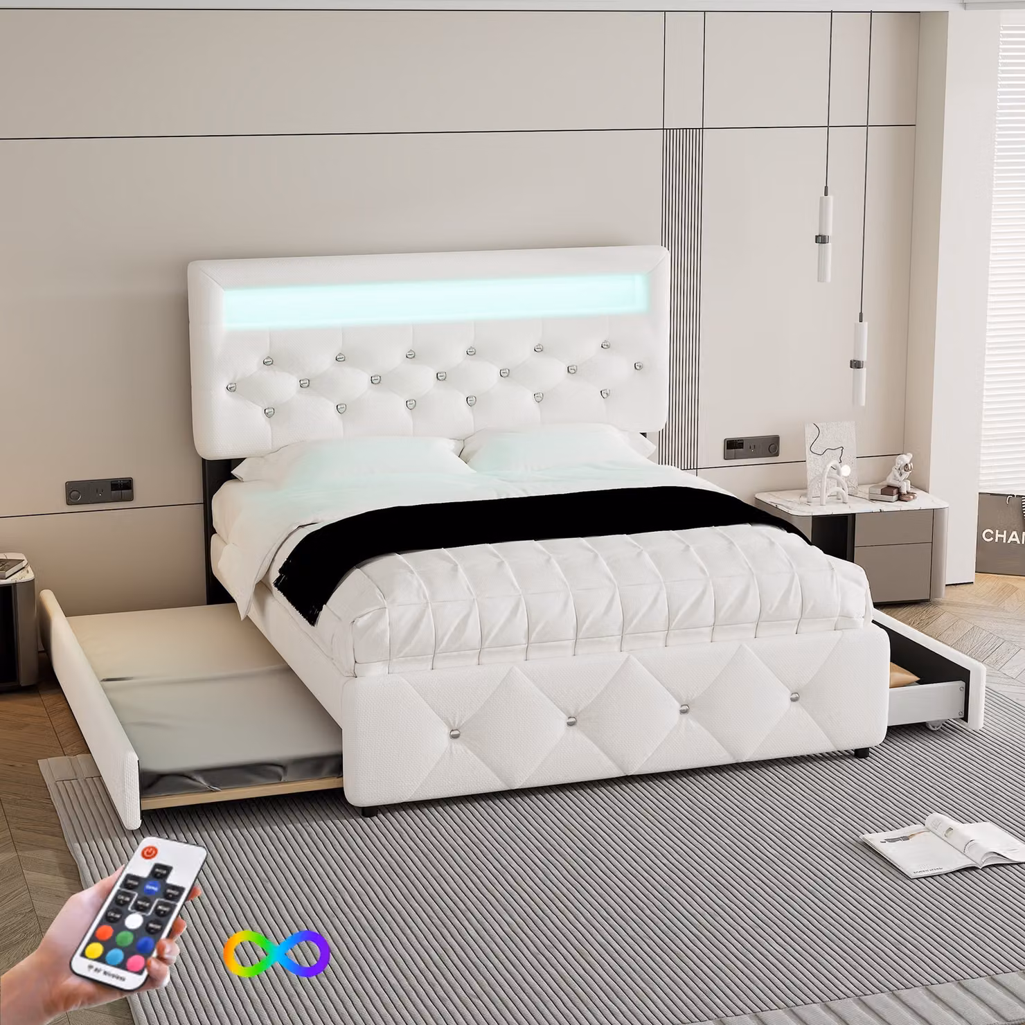 Letto imbottito STILVORA 140×200 cm con materasso e cassetto estraibile 90×190 cm, letto matrimoniale con 2 cassetti, comodino con striscia luminosa, bianco
