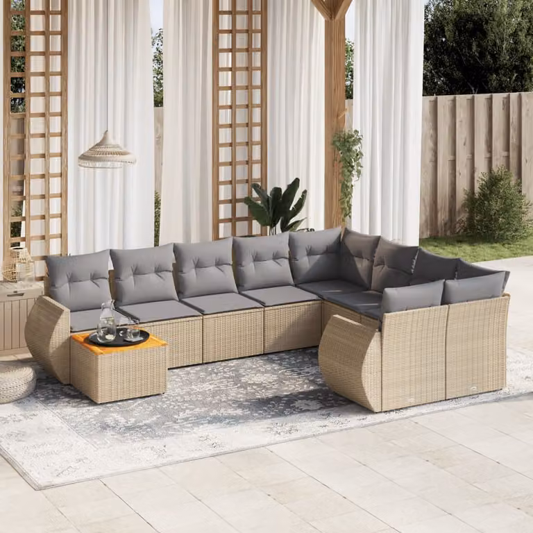 Set Divano da Giardino vidaXL 10 pz in Polyrattan con Cuscini Beige e Tavolino da Esterno