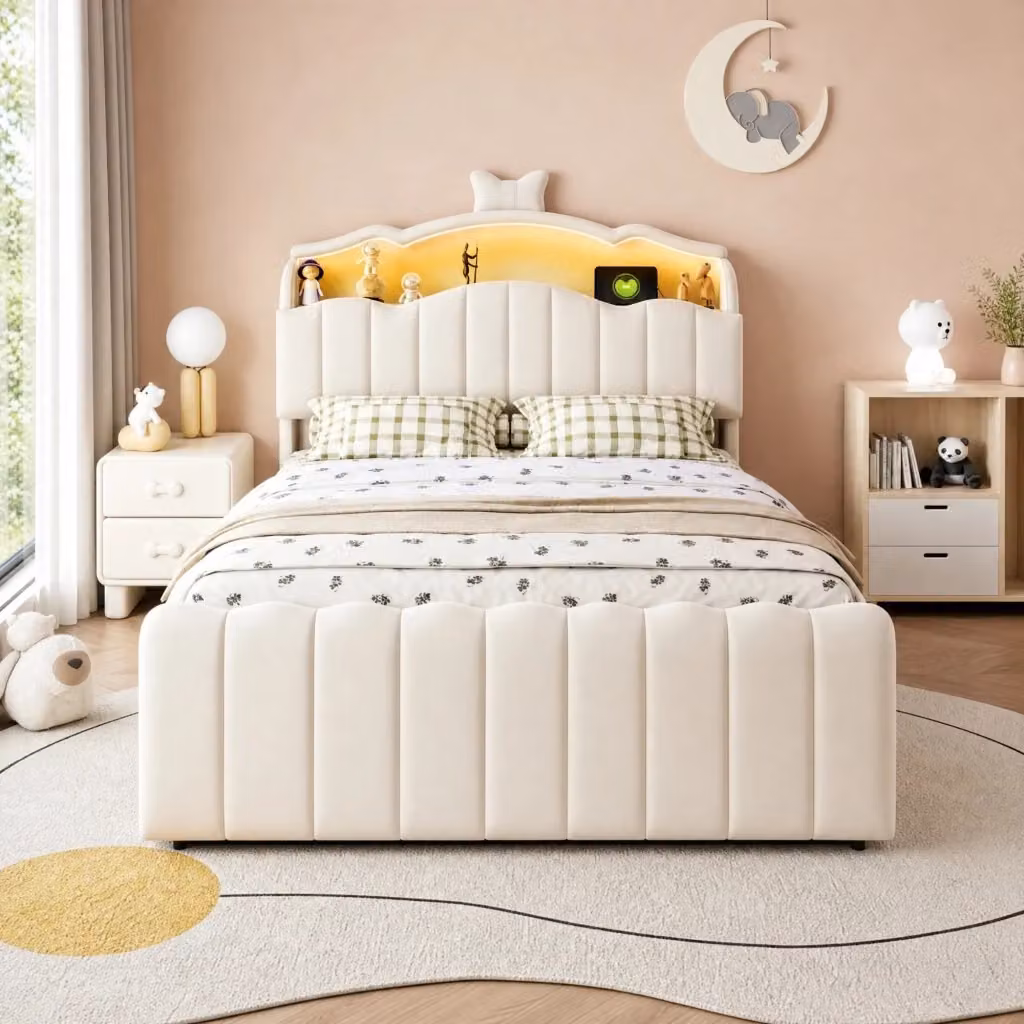 Letto contenitore Mivray in velluto beige con testiera apribile, illuminazione LED, porte USB e USB-C, L/P/H: 140 x 200 x 120 cm – 2