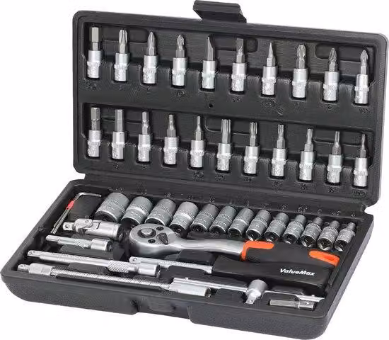 Set di utensili da 46 pezzi in acciaio Cr-V, chiave a cuneo da 1/4 di pollice, cacciavite, set di punte, perni girevoli, valigetta porta attrezzi