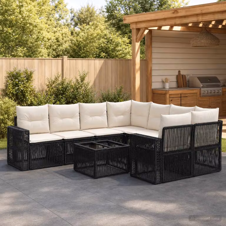 Set Divano da Giardino vidaXL 9 pz Nero con Cuscini e Tavolino in Polyrattan e Metallo