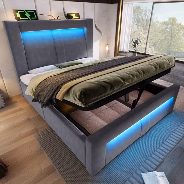Letto singolo 90x200 cm con contenitore; LED; USB e Type-C; velluto grigio; con materasso