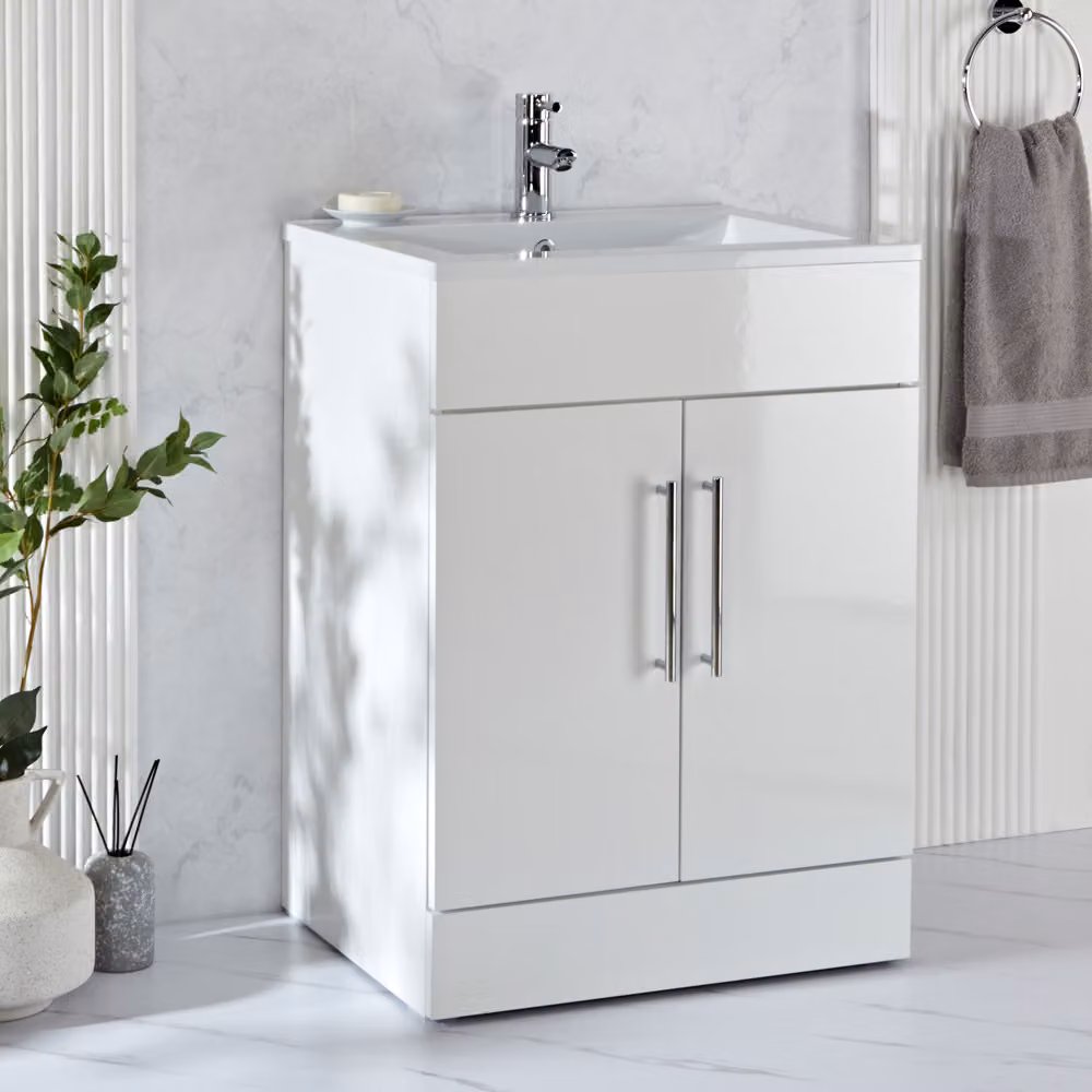 Mobile Bagno a Terra Bianco da 610mm con Lavabo e Maniglie con Barra a T Cromate - Cluo