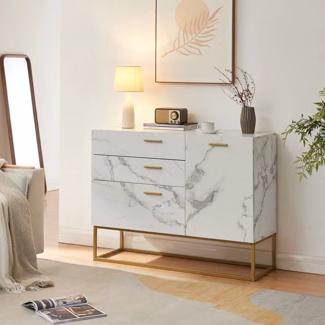Comò Lavangen en.casa con anta e 3 cassetti, colore dorato ed effetto marmo bianco, L: 100 cm, H: 75 cm, P: 35 cm