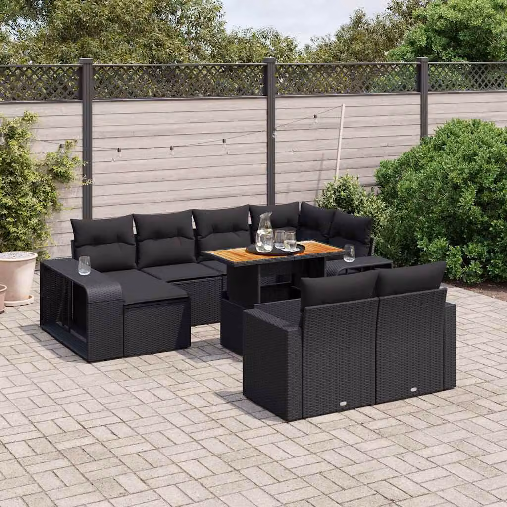 vidaXL Set Divani da Giardino 11 pz in Polyrattan Nero con Cuscini e Tavolino da Esterno – 1