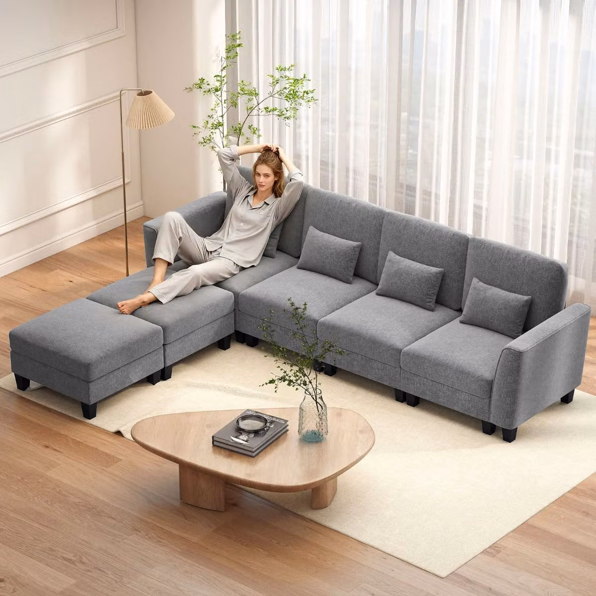 Divano modulare a forma di U Costway con doppio chaise longue e porte di ricarica USB e Tipo-C, Grigio
