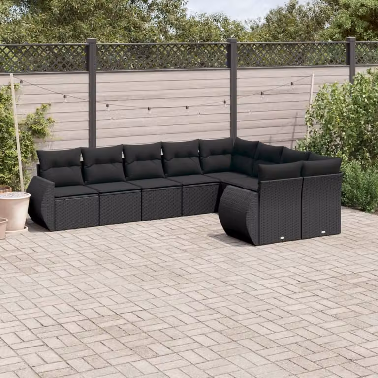 vidaXL Set Divani da Giardino 9 pz in Polyrattan Nero con Cuscini Imbottiti e Coperture Rimovibili