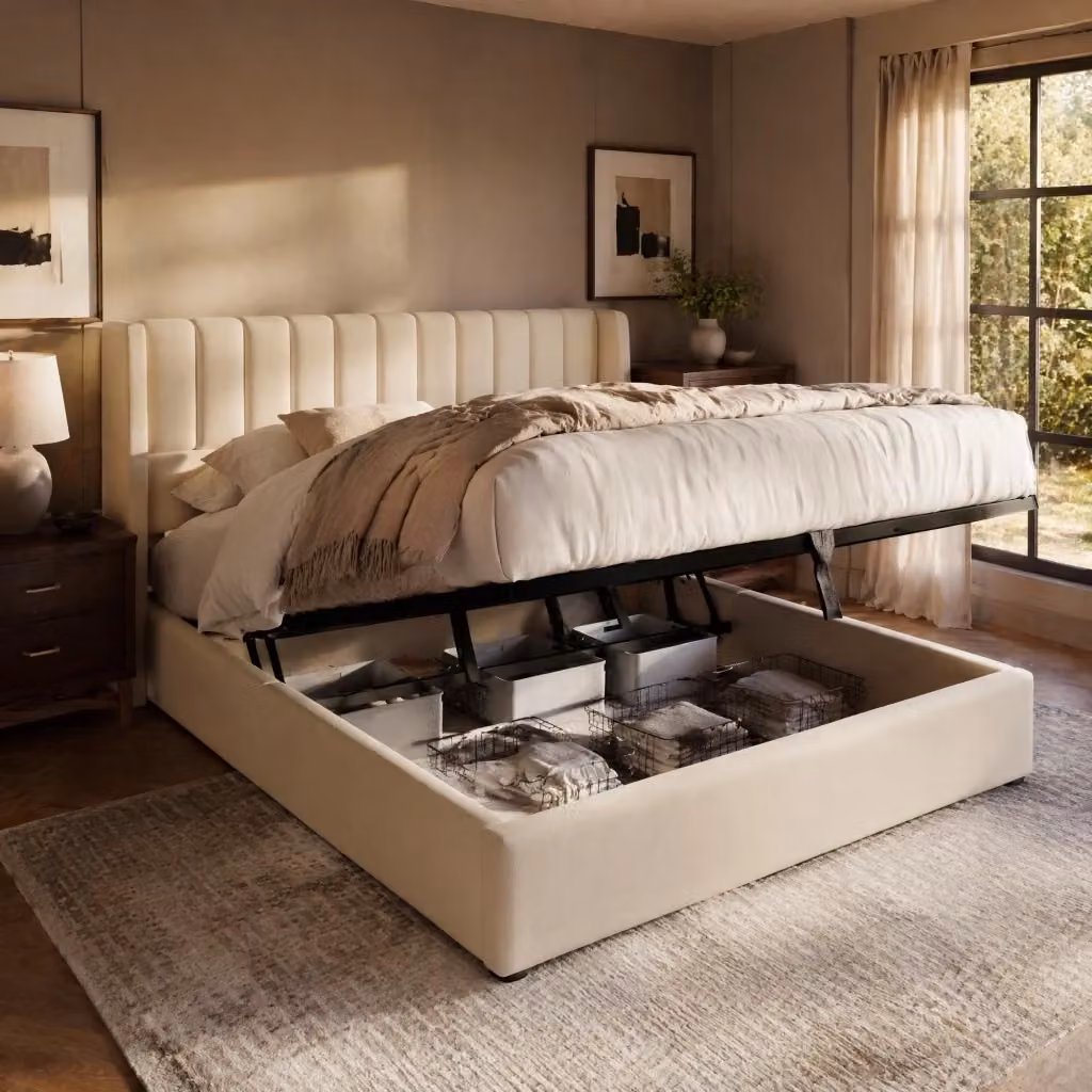 Letto contenitore Mivray con sollevamento idraulico e testiera imbottita in lino beige L/P: 140 x 200 cm – 2