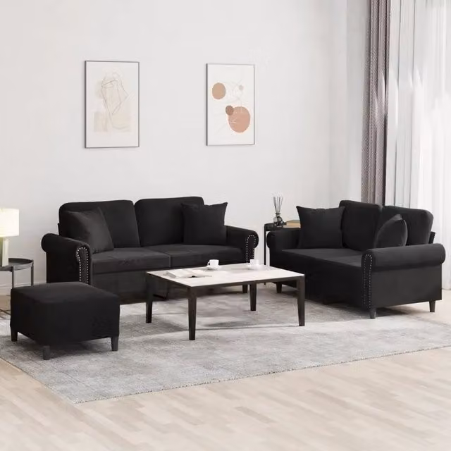 Set di 3 divani vidaXL in velluto nero con cuscini per soggiorno in stile moderno