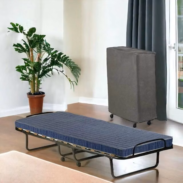 Letto pieghevole DMORA con materasso in schiuma, struttura in metallo e tessuto, Nero