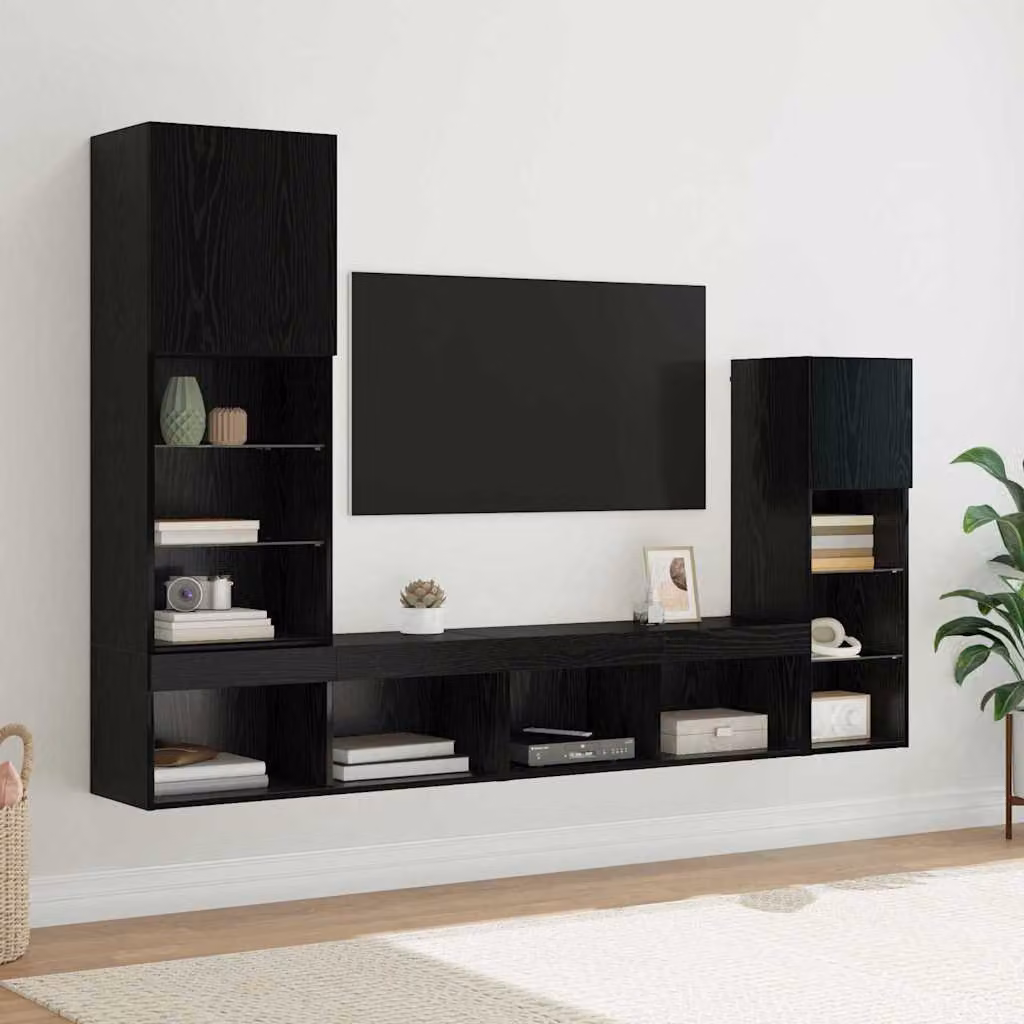 Set di 4 unità per TV da parete vidaXL in legno Rovere e Nero con illuminazione integrata e scomparti multimediali – 1