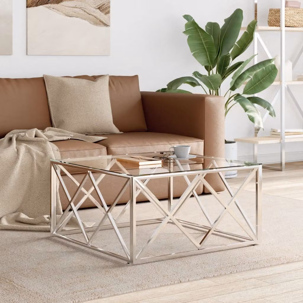 Tavolino The Living Store 80x80x40 cm in acciaio inox e vetro