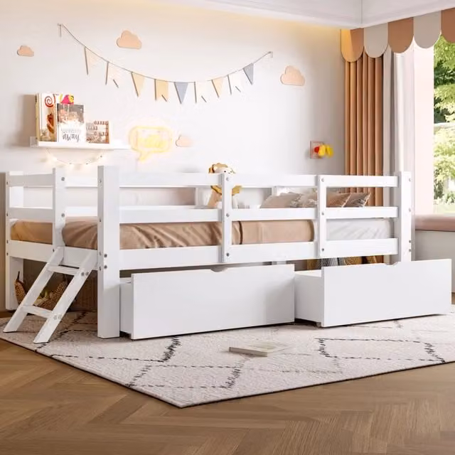 Letto per bambini in legno massiccio con sponde abbattibili e 2 cassetti, bianco, L/P: 200 x 90 cm