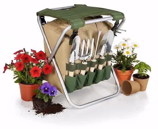 Set di 5 utensili da giardino Unyqoos® per lavori di giardinaggio, che include: una sedia pieghevole con struttura in acciaio robusta, una borsa da trasporto con tasche esterne, utensili con manici in legno e guanti