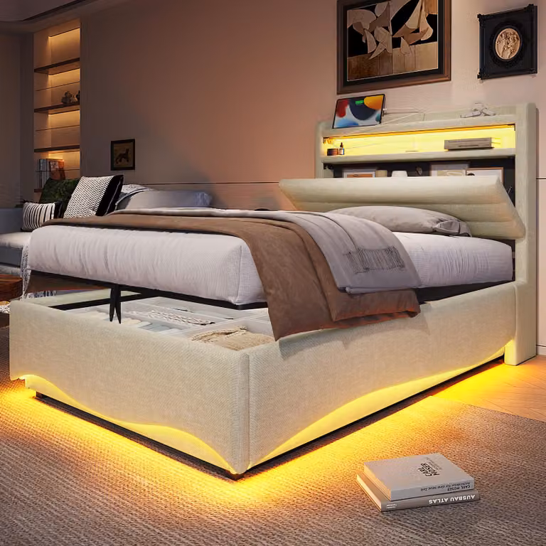 Letto imbottito 90 x 200 cm con illuminazione a LED, vano contenitore con sistema idraulico, prese USB e di tipo C, ripiano portaoggetti, rivestito in lino, colore beige