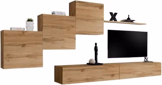 Composizione murale SWITCH X – Mobile TV da parete, cubi sospesi e scaffale – Rovere Wotan – Design moderno