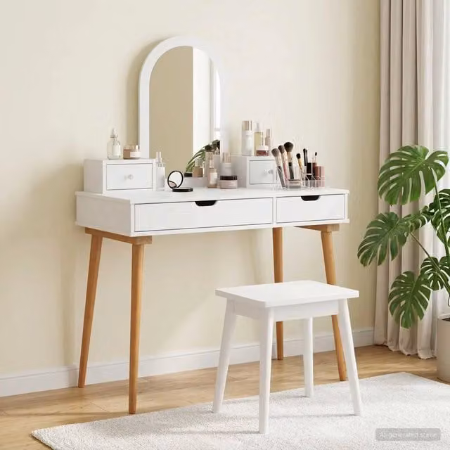 Set Tavolo da Trucco FAUSKE vidaXL 4 pz Bianco L: 100 cm, P: 50 cm, H: 143 cm