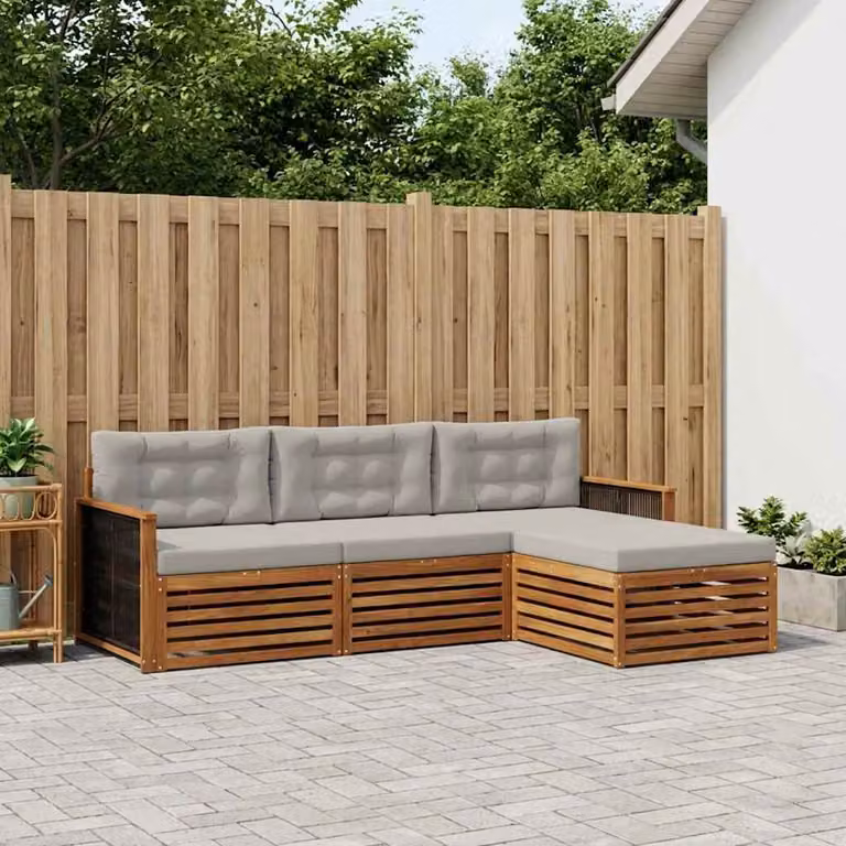 Set di divani da esterno vidaXL a forma di L in legno di acacia con pouf e cuscini, Beige e Grigio