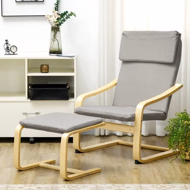 Set da 2 pezzi di poltrone lounge REDOM con poggiapiedi in lino grigio chiaro e struttura in legno massiccio, L/P/H: 66,5 x 80 x 99 cm – 1