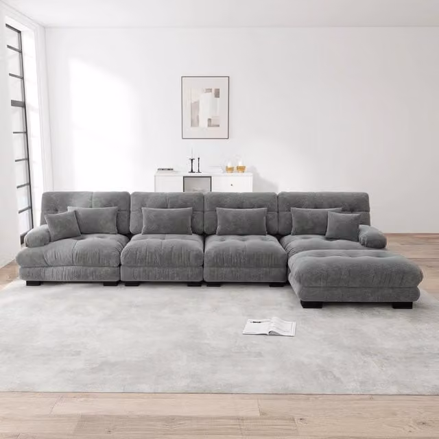 Divano panoramico modulare Mivray in tessuto grigio con ottomane mobili, configurabile a L, lineare o a U
