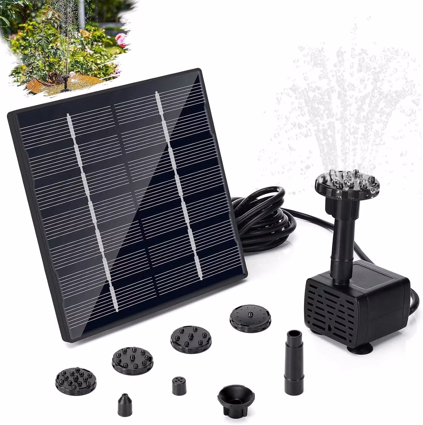 Pompa solare per stagni - 1,5 W - fontana con 6 ugelli - cavo da 3 metri - con pannello solare