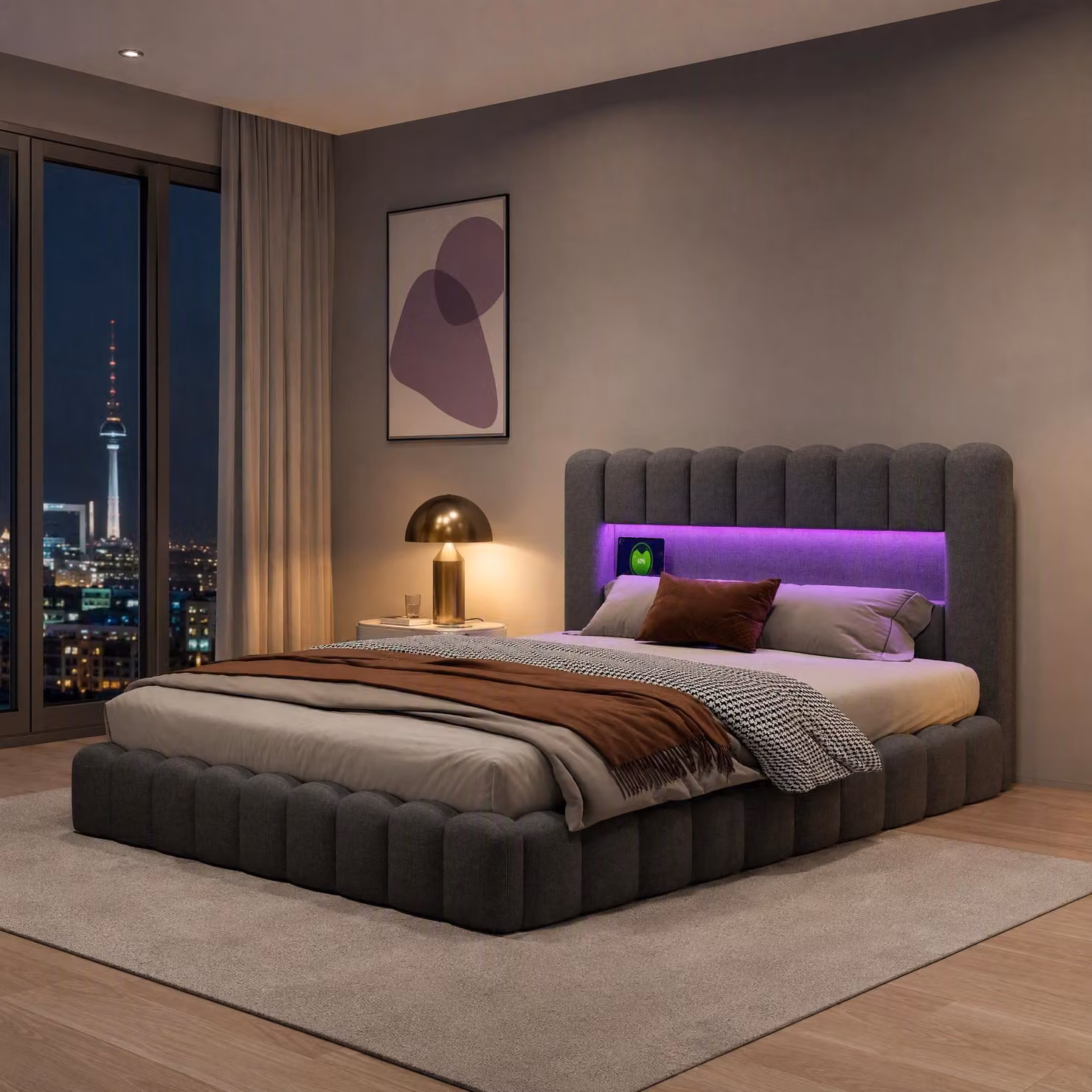 Letto imbottito 140x200cm, letto a molle con rete idraulica, letto con rete a doghe, luce di lettura con connessione di ricarica USB e illuminazione LED, letto contenitore letto matrimoniale letto per ragazzi (grigio)