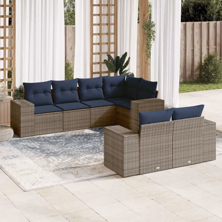 Set di divani da giardino vidaXL in polyrattan a forma di L composto da 7 pezzi con cuscini grigi e blu e struttura in metallo resistente ai raggi UV