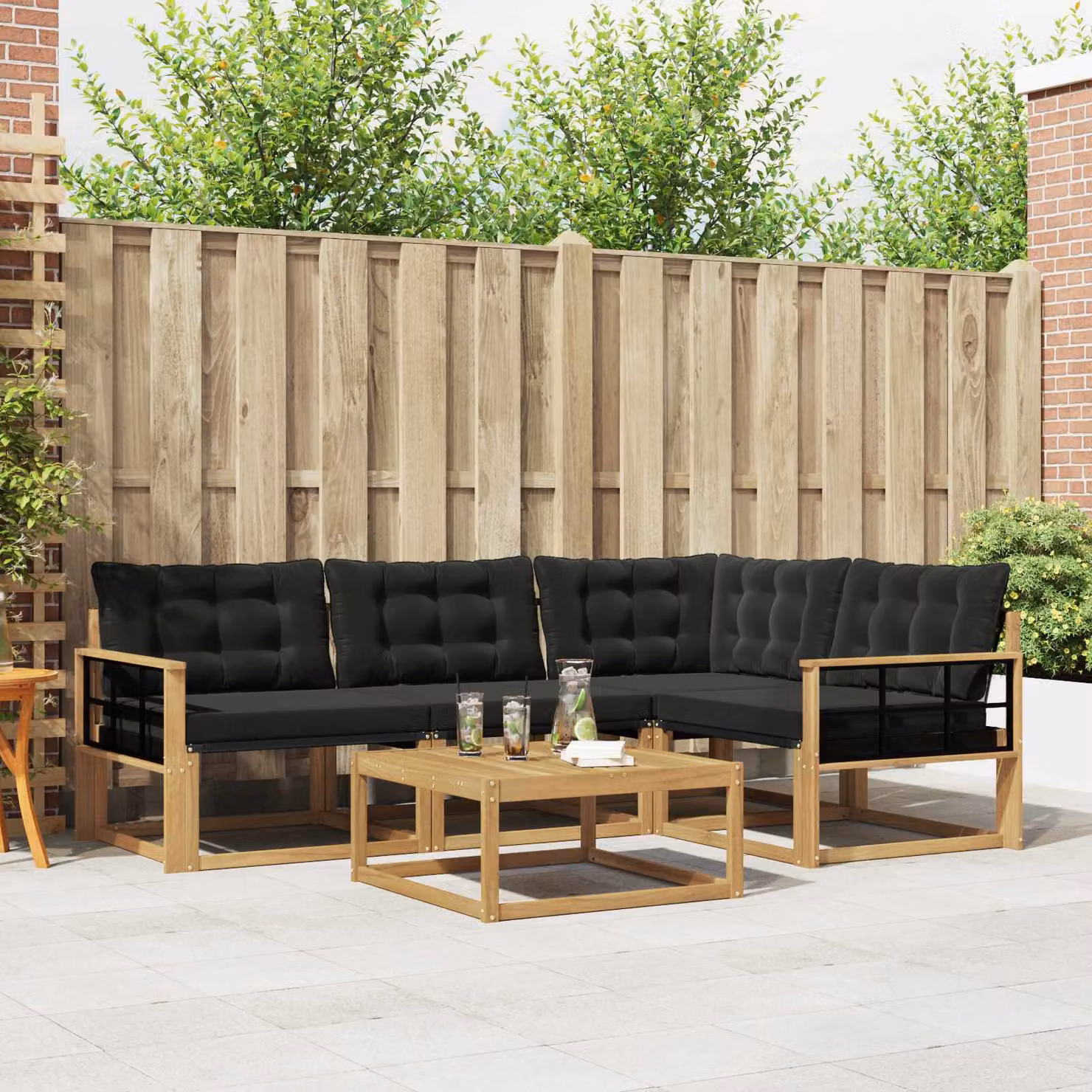 Set di divani da esterno vidaXL a forma di L con tavolo da caffè, realizzato in legno di acacia trattato e tessuto textilene, colore bianco, nero e marrone