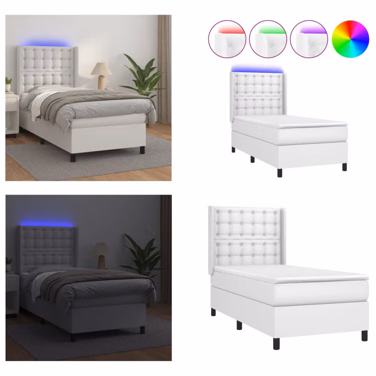 vidaXL Letto a molle con materasso e LED bianco 100x200 cm in Pelle finta - Letto a molle - Boxspringbetten - Bett - Betten
