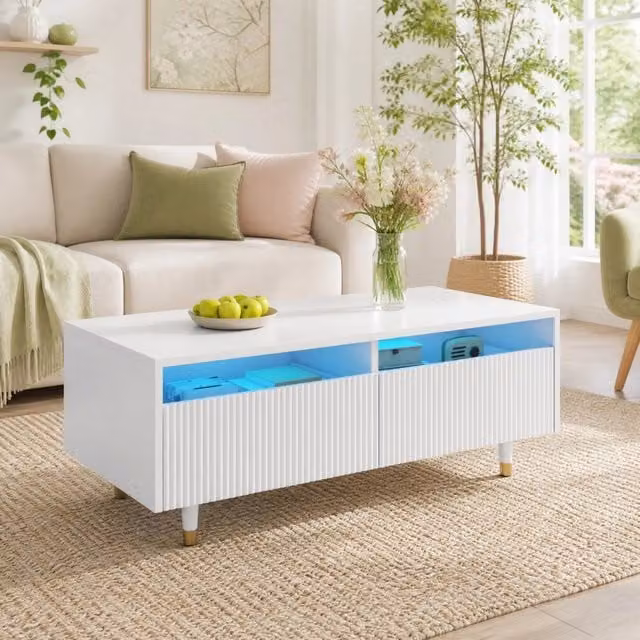 Tavolino da caffè moderno MODFU rettangolare in MDF laccato lucido bianco e oro L/P/H: 110 x 50 x 40 cm