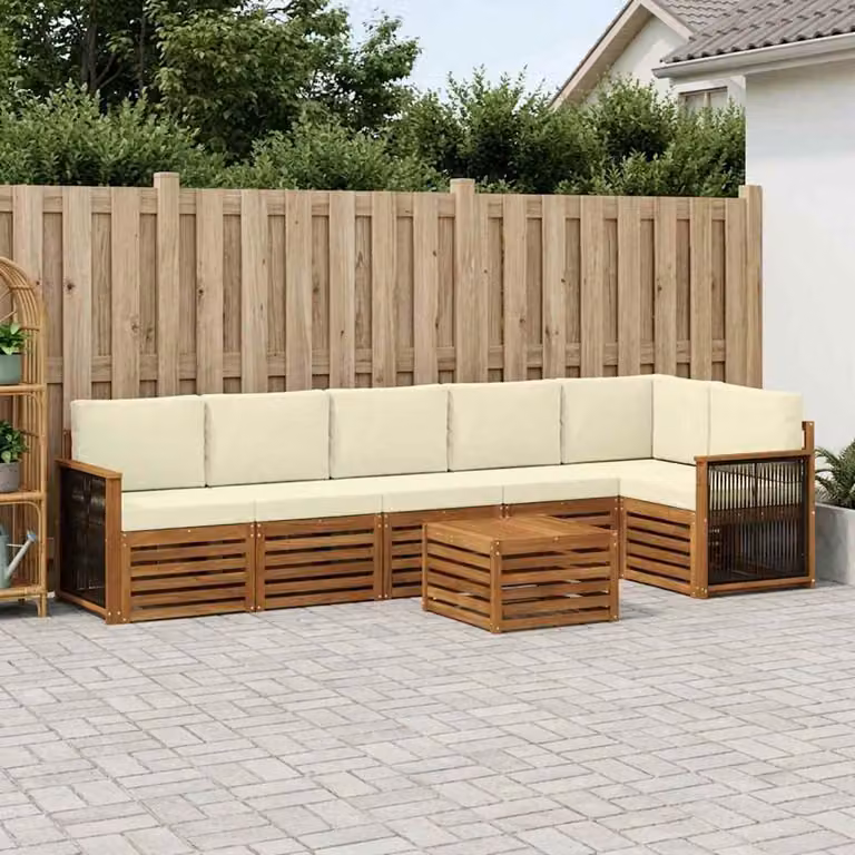 Set di divani da esterno vidaXL 6 pezzi in legno di acacia con cuscini, colore beige e bianco