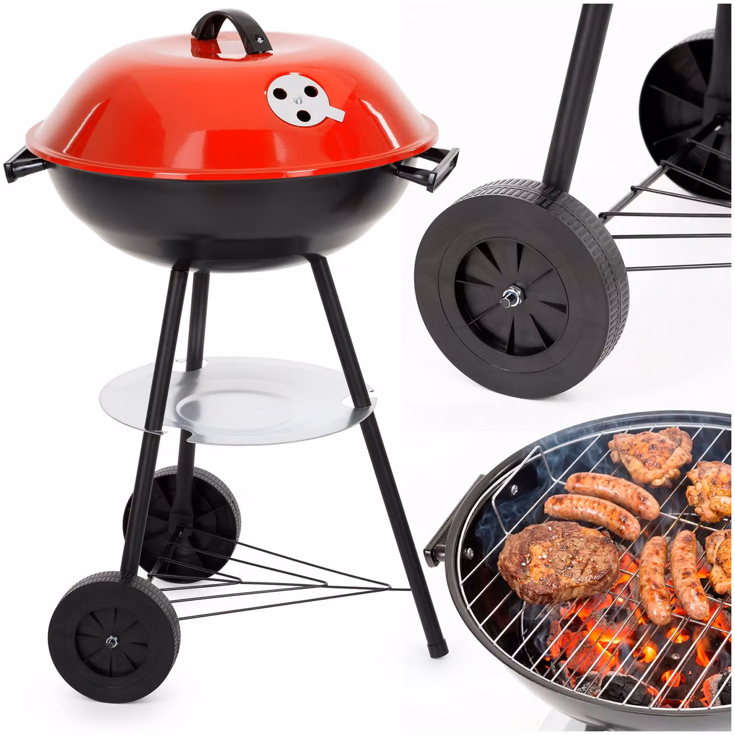 Barbecue a carbone - Barbecue - Portatile - Su ruote - Contenitore per la cenere - Plastica - Acciaio inossidabile - Nero - Rosso